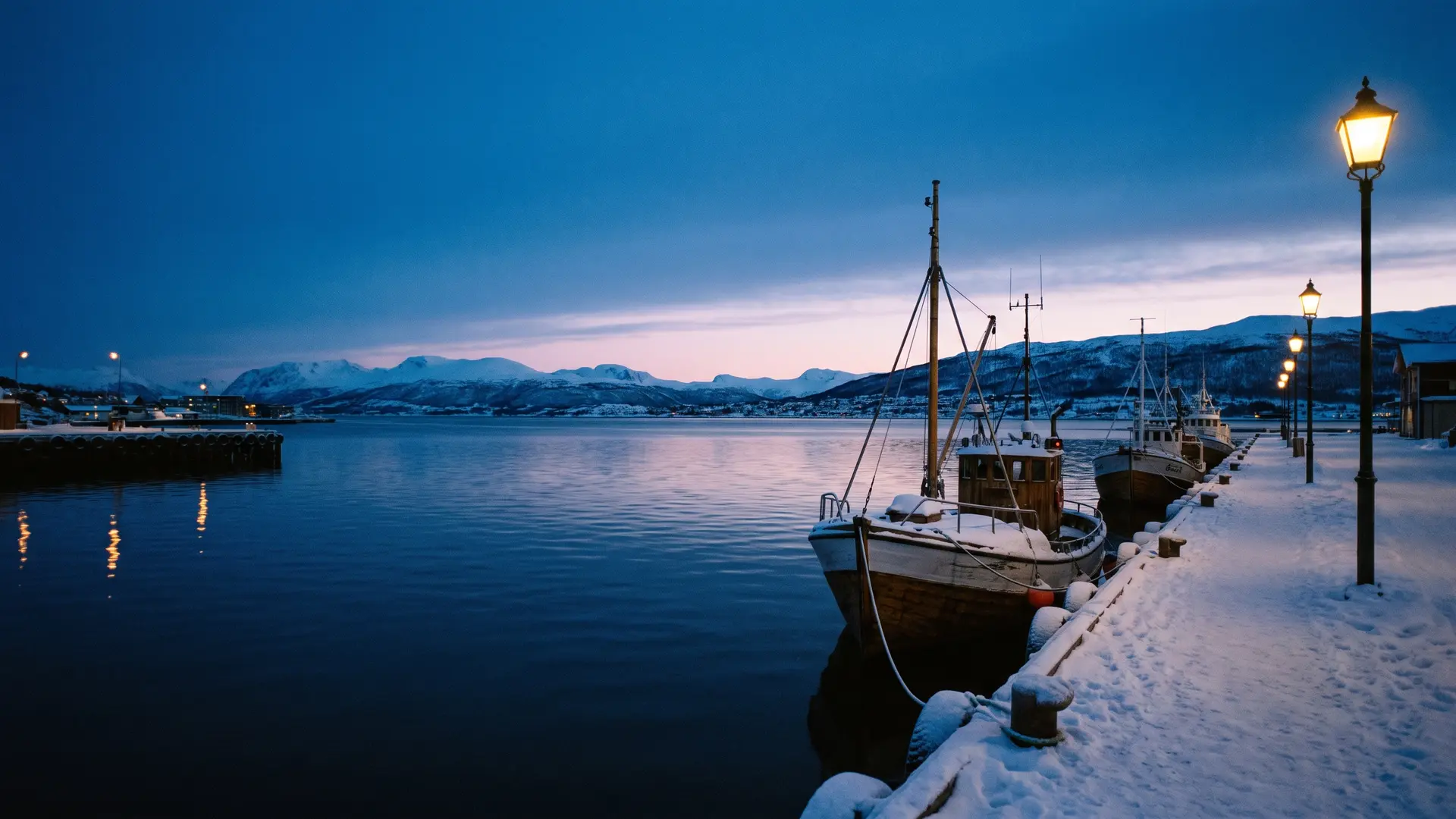 O cais de Tromsø com neve, barcos de pesca e postes acesos na luz azul da manhã.