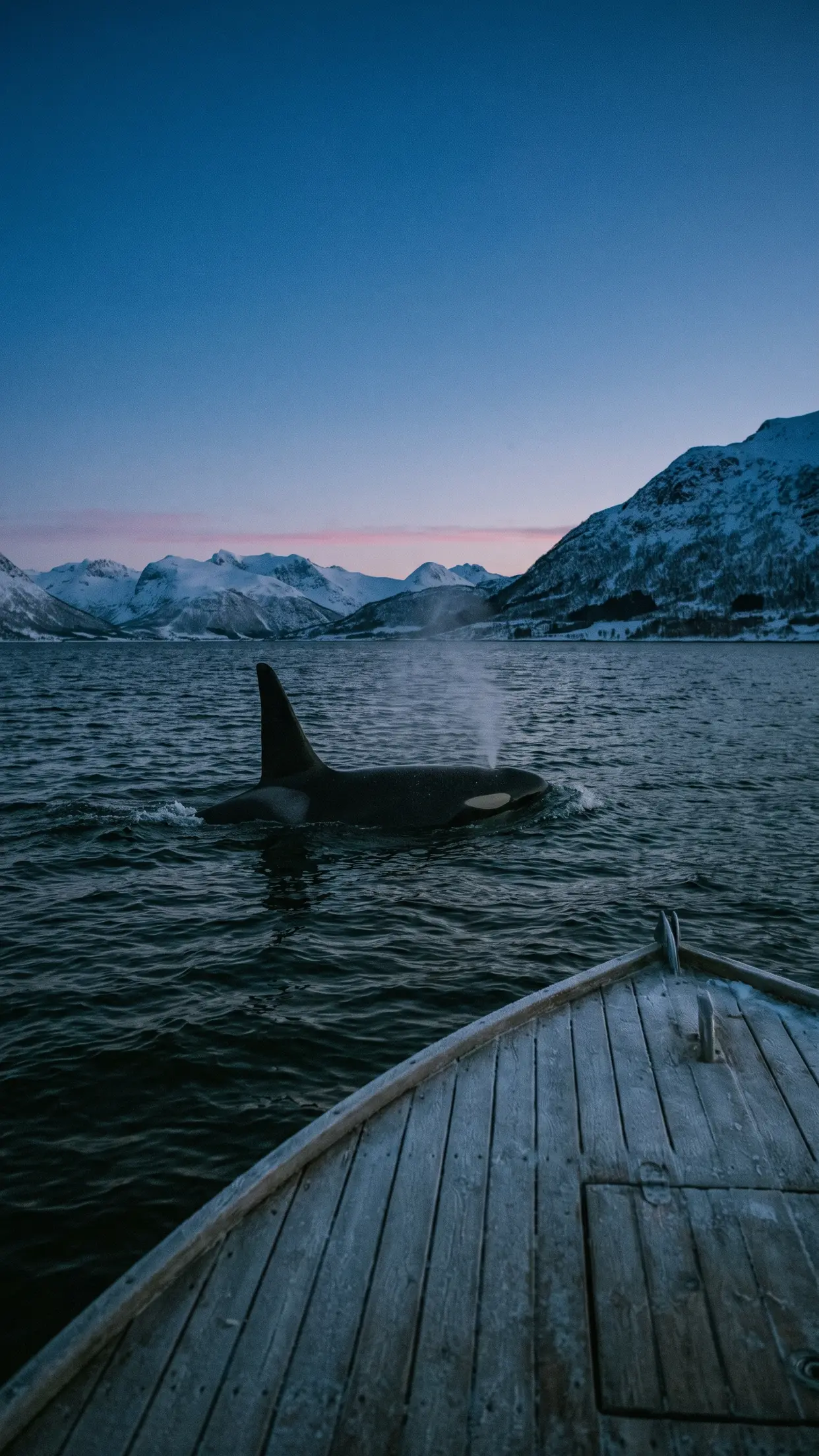 A barbatana de uma orca rompendo o mar escuro, diante de montanhas nevadas.