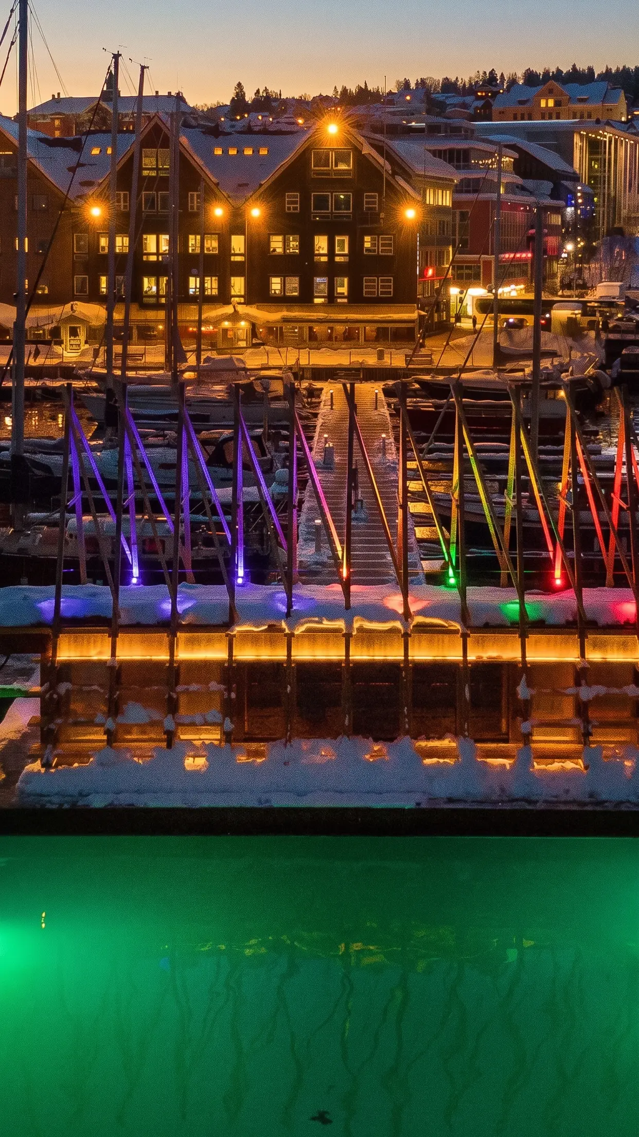 A sauna flutuante da Pust no porto de Tromsø, acesa na hora azul.